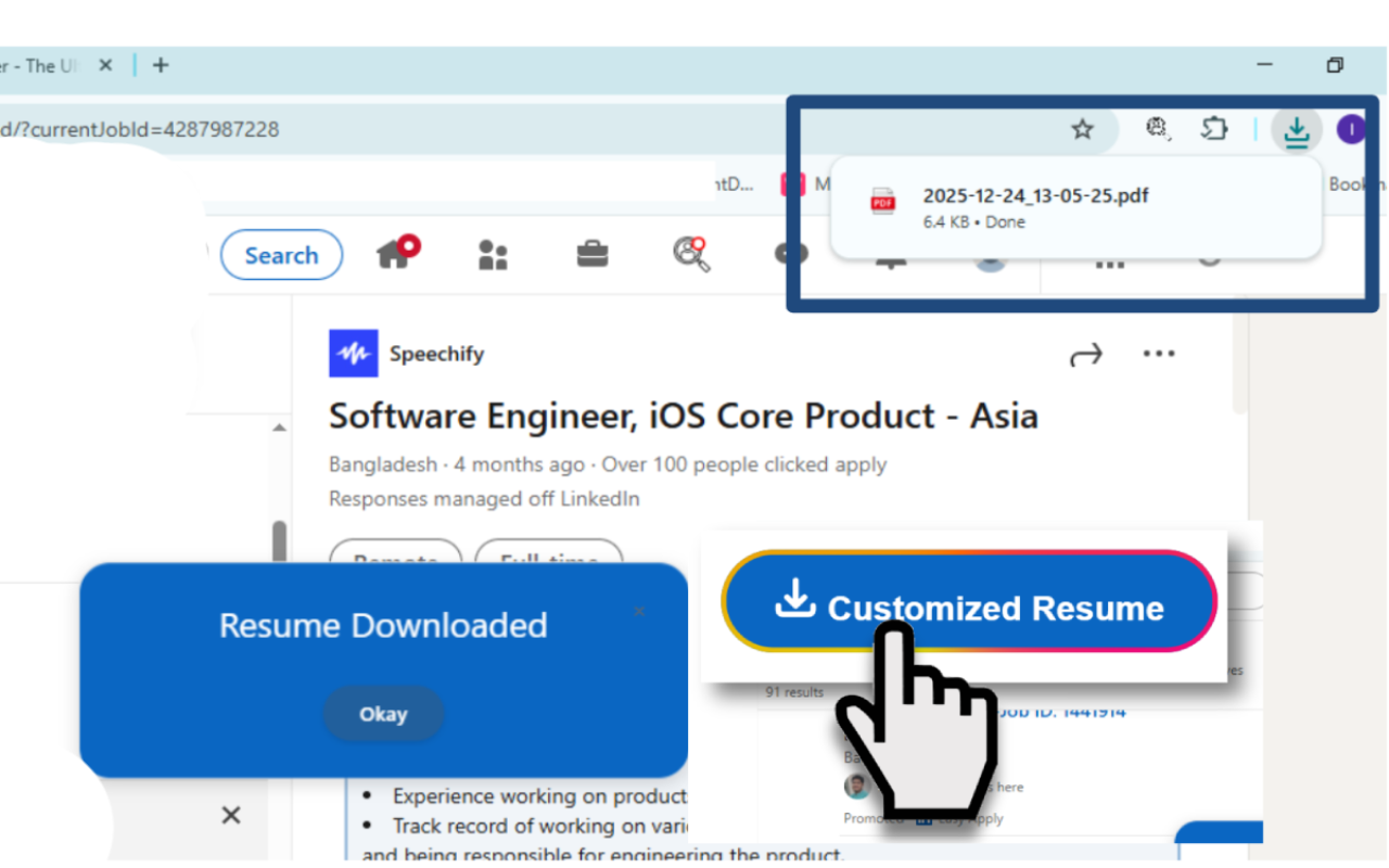 Job Driver Chrome extension generating and downloading a tailored resume directly from a LinkedIn job listing