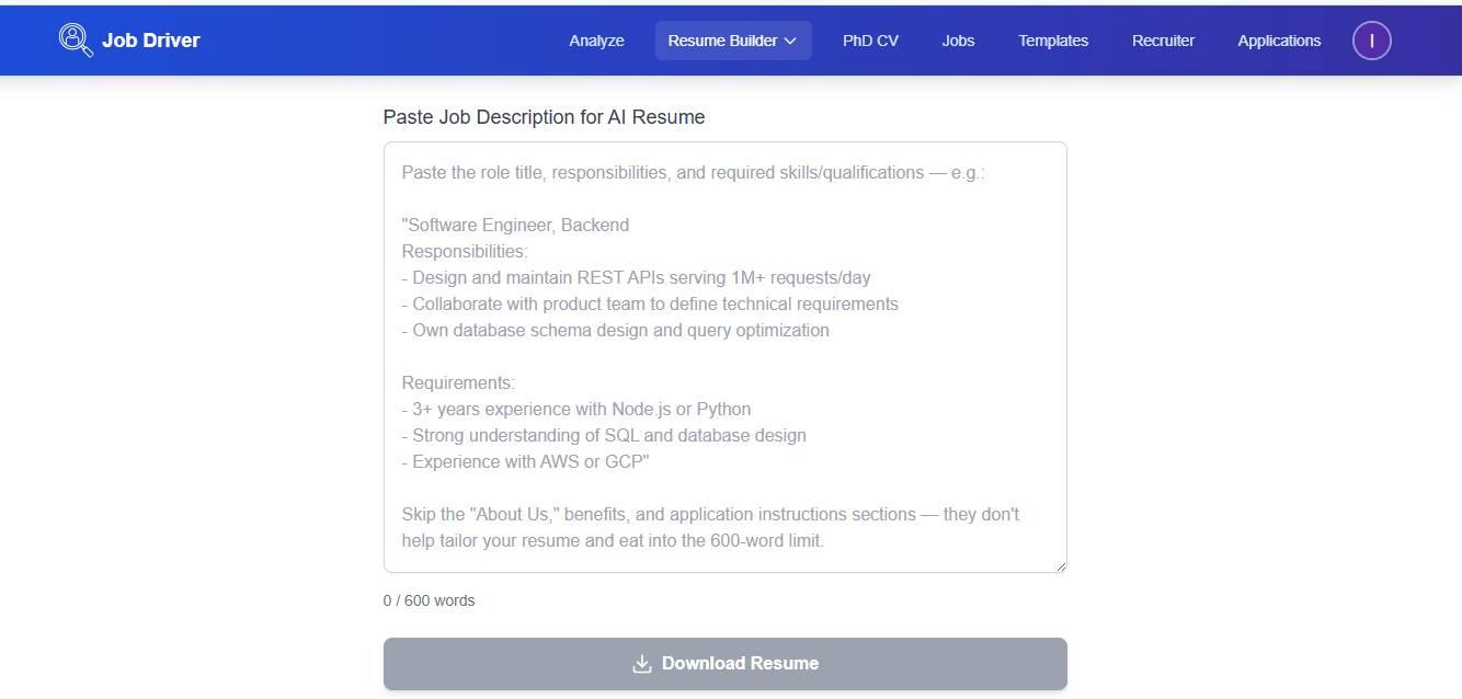 Downloading a professionally formatted, ATS-optimized PDF resume from the Job Driver web dashboard
