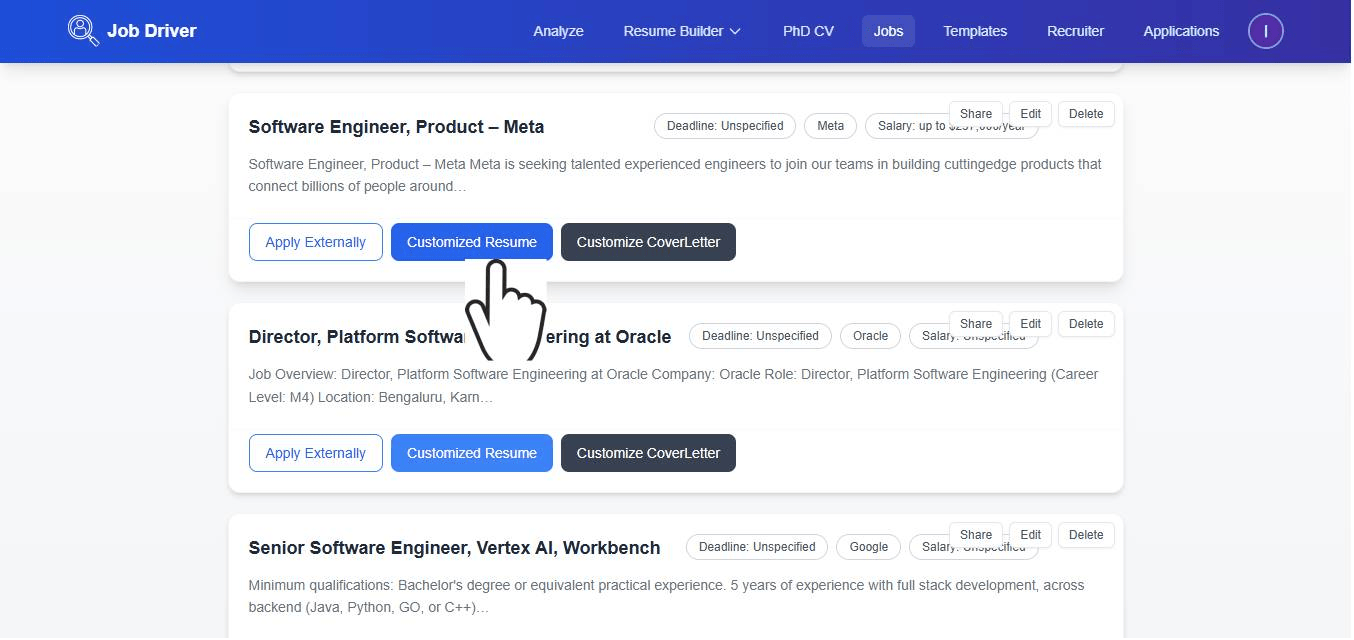 Animated demo of Job Driver generating an AI-tailored, ATS-optimized resume automatically from a pasted job description